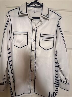 White Button-Up Shirt with Black Contrast Piping